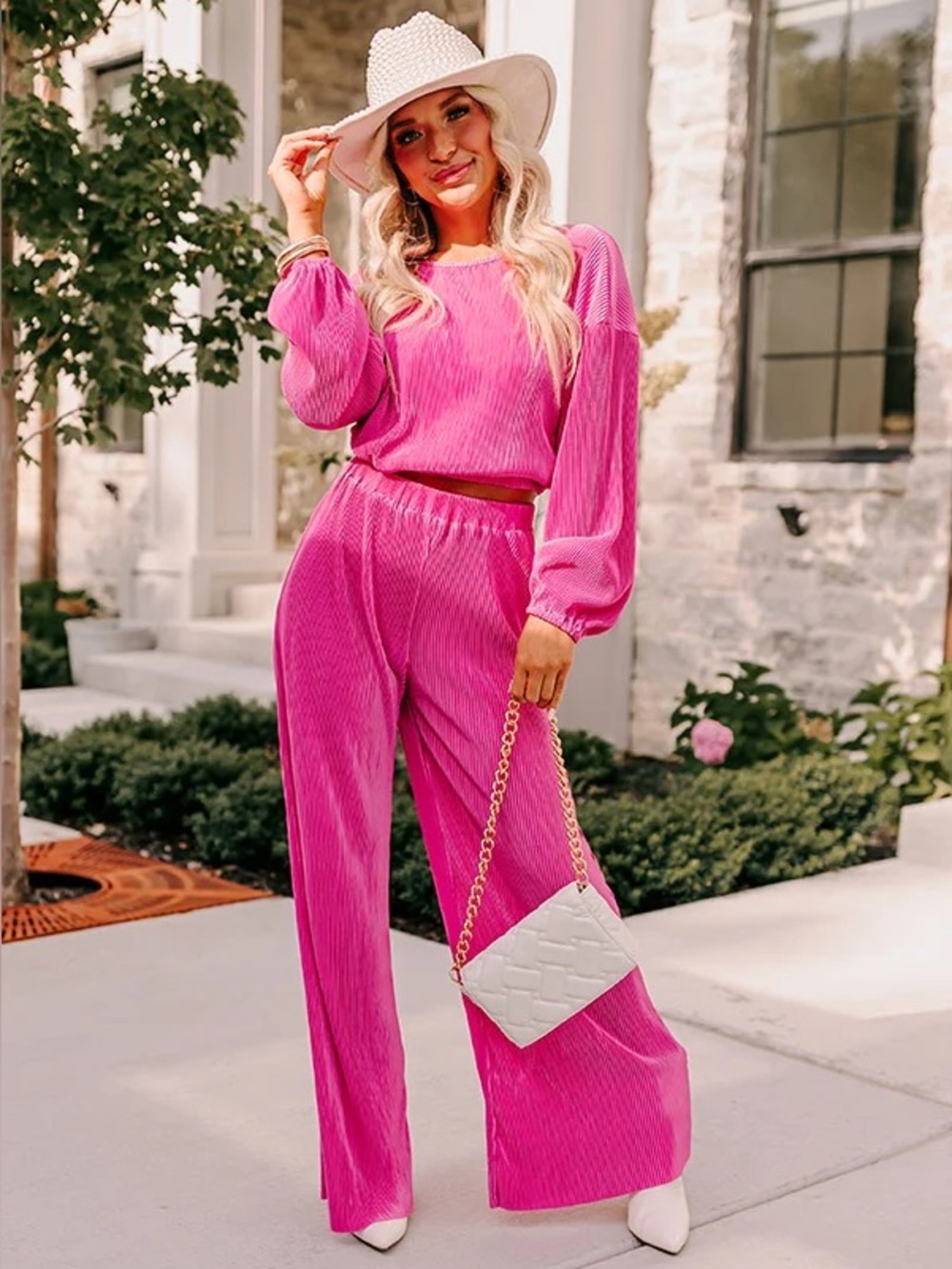💓Pink Lily Hot Pink Top & Wide-Leg Pleated Pant Set XL 💓